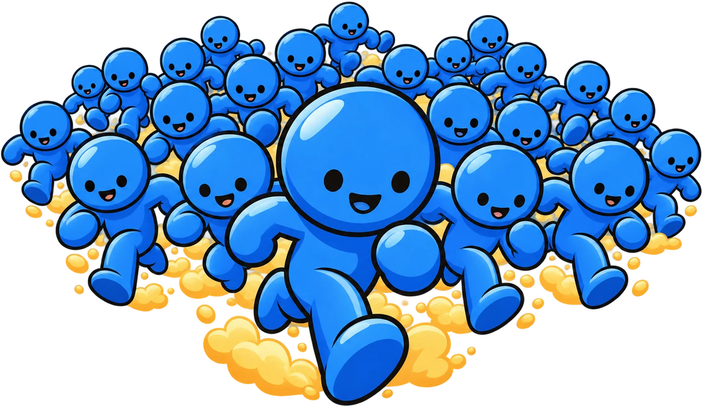 A crowd of blue runners charges at you.